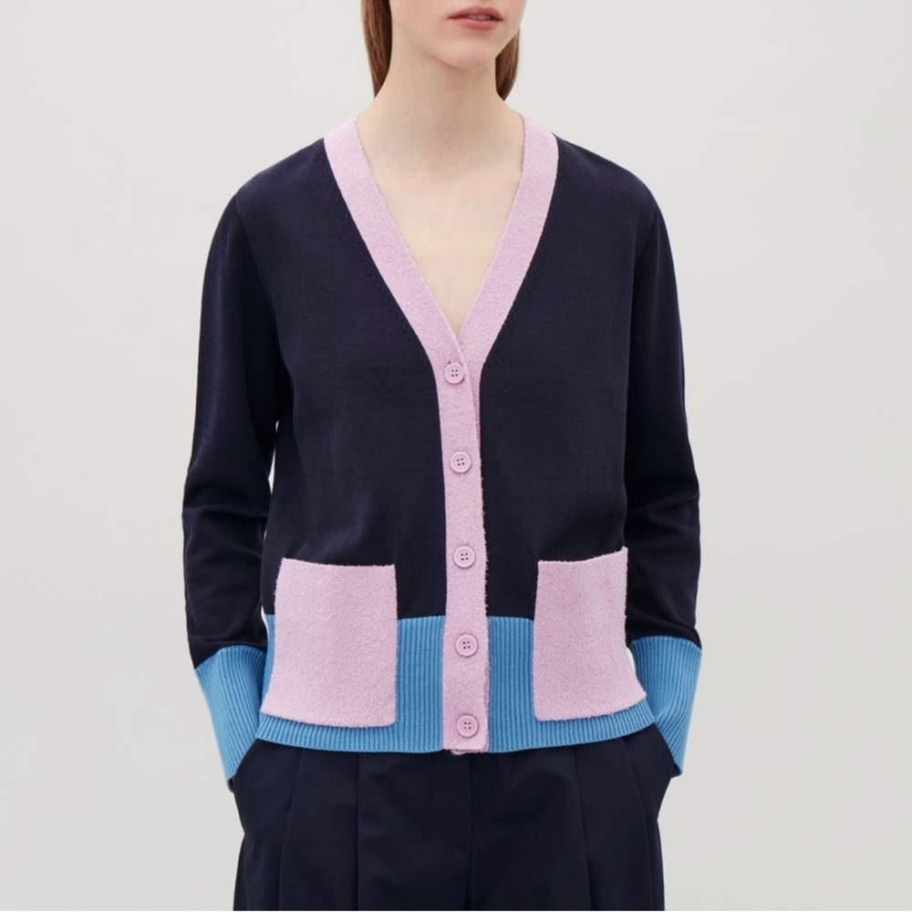 COS Navy and Pink V-Neck Cardigan